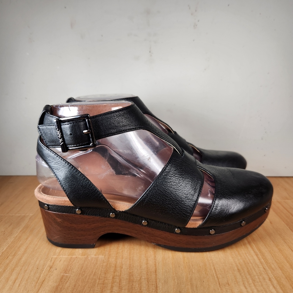 Vionic Clogs Women's 37 / 6 Black Leather Comfort Orthotic Faye T-Strap Shoes
